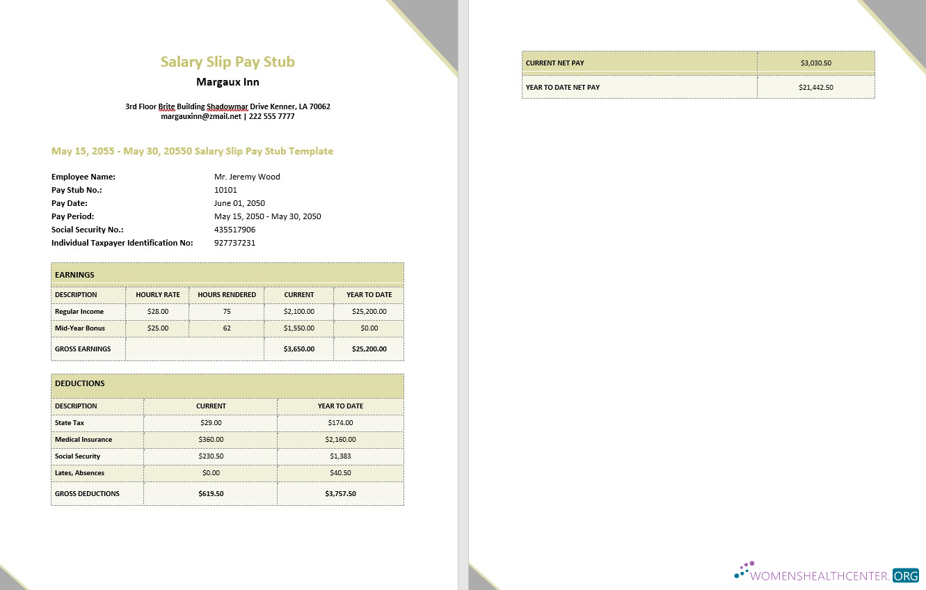 Download Margaux Inn Salary Slip pay stub in PDf and Word formats Photoshop template